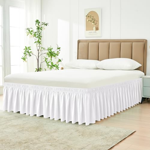 Wrap Around King Bed Skirt with 15-Inch Drop - Elastic Dust Ruffle, White