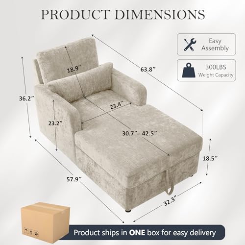 58" Oversized Chaise Lounge Chair with Hidden Storage, Camel Chenille