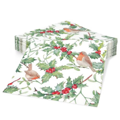 Christmas Bird and Holly Cocktail Napkins - Pack of 100 for Holiday Parties