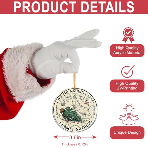 Naughty Christmas Ornament - 3.6in Acrylic Cat Tree Gag Gift, Funny Stocking Stuffers