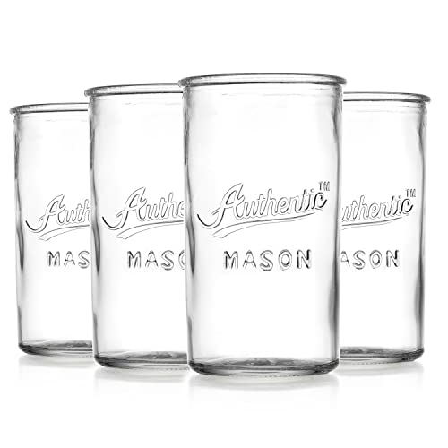 Authentic Glaver's Vintage Mason Drinking Glasses Set of 4 – Clear 18oz Tumblers for Cocktails & More