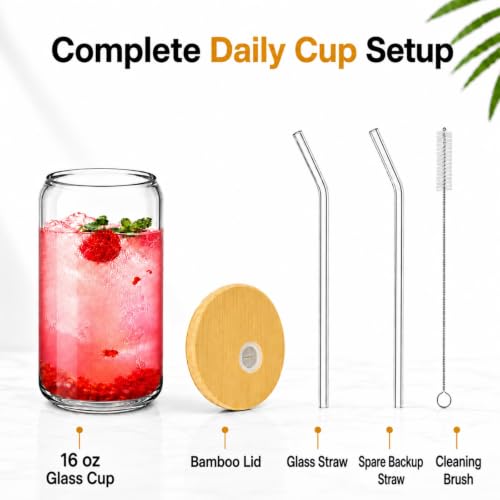16 oz Glass Coffee Cup with Bamboo Lid and Straw, Reusable Iced Drink Tumbler