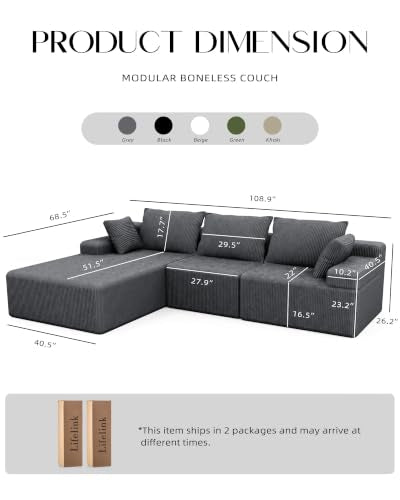 108-Inch L-Shaped Modular Sectional Sofa with Deep Seats and Flannel Cover