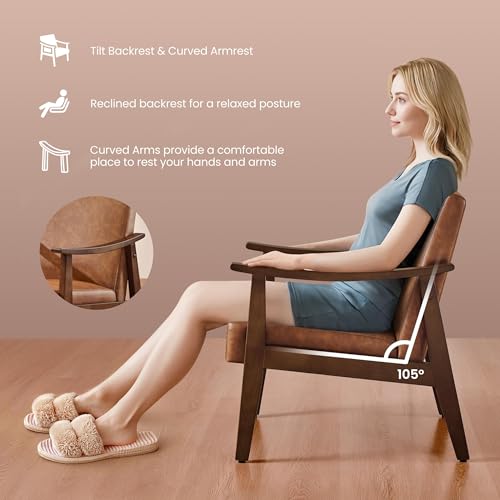 Mid-Century Modern Accent Chair with Brown Faux Leather and Wood Legs