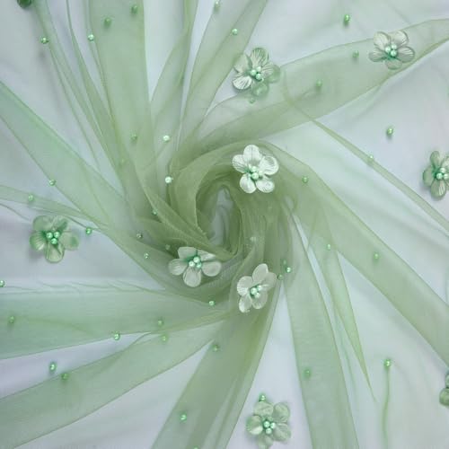 Sage Green Pearl Tulle Tablecloth 120x60 Inch for Wedding - 1Pcs Sage Flower Overlay