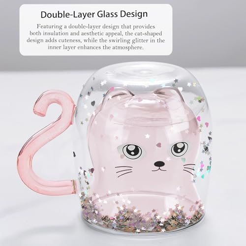 Binoster Glittery Pink Cat Double-Walled Coffee Glass - 230ml-280ml Gift Mug
