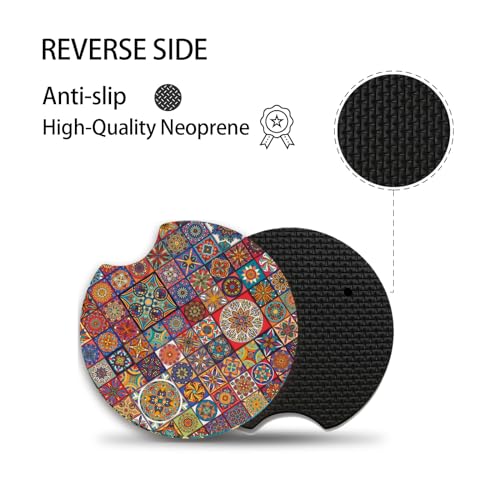Adastrah Multicolor Boho Mandala Car Coasters 2-Pack, Absorbent Neoprene, 2.75 Inch with Finger Slot