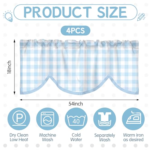 4-Piece Gingham Window Valance Set, Light Blue Rod Pocket Kitchen Curtains