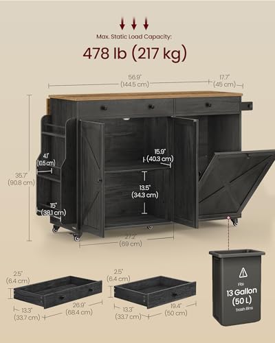 Mobile Kitchen Island Cart with Drop Leaf and Hidden Trash Can Storage