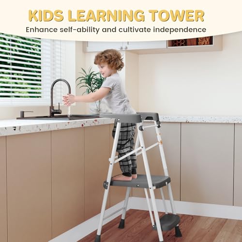 Foldable Toddler Tower Step Stool with Safety Railing, Gray Kitchen Helper