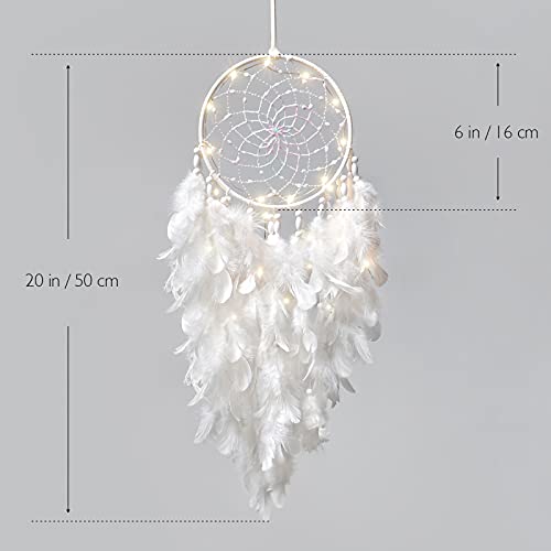 Handmade White Feather Dream Catcher with LED Lights, 20-Inch Wall Hanging