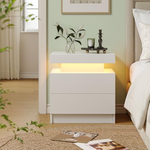 Modern White Nightstand with 2 Drawers and RGB LED Lights