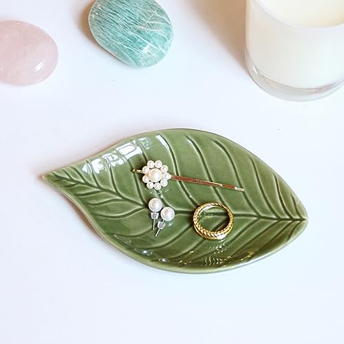 LZBALUYO Green Leaf Ceramic Jewelry Dish - Ring & Trinket Holder, Variation A
