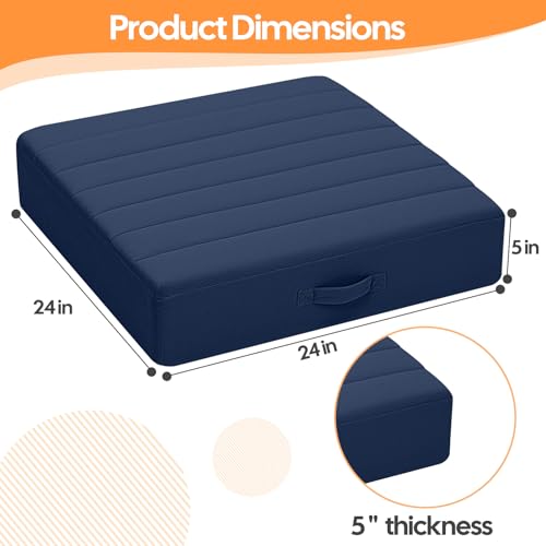 24-Inch Square Floor Pillow, Thick Foam Meditation Cushion, Navy