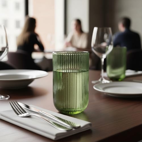 WeirdUncle Green Ribbed Glassware Set - 8pc Origami Style Drinkware, Highball & Rocks Glasses