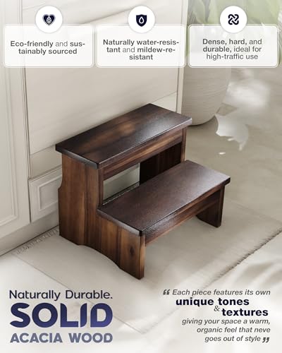 Two-Step Acacia Wood Stool - Heavy Duty Bedside Step Stool, 450 lbs