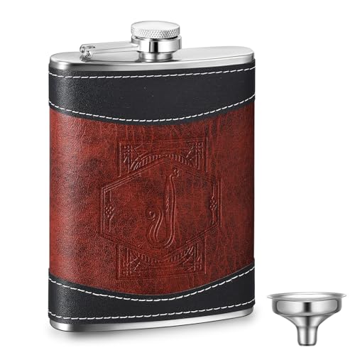 Baderke Leather 8 oz Flask for Men - Personalized Monogram with Letter J, Black or Brown, Groomsmen Gift