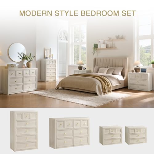 NOWABAY 3-Piece Grey White Dresser Bedroom Set with 6-Drawer Dresser & 2 Nightstands, Farmhouse Style, with Charging Station