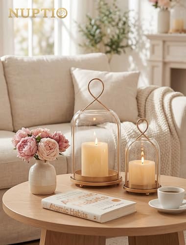 NUPTIO Glass Lanterns with Dome Shade - Gold Hurricane Candle Holders for Outdoor & Indoor Decor