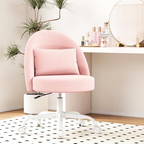 Teddy Fleece Vanity Chair with Lumbar Support, Adjustable Swivel Desk Chair