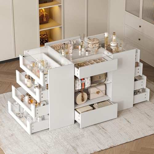 12-Drawer Closet Island with Glass Top and Display Shelves, White