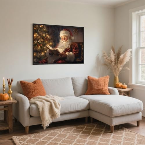 Santa Reading by Christmas Tree canvas wall art 8x12 with black aluminum frame