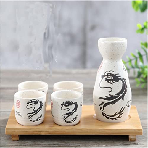 JapanBargain Porcelain Sake Set 5 oz White Dragon Design Microwave Safe