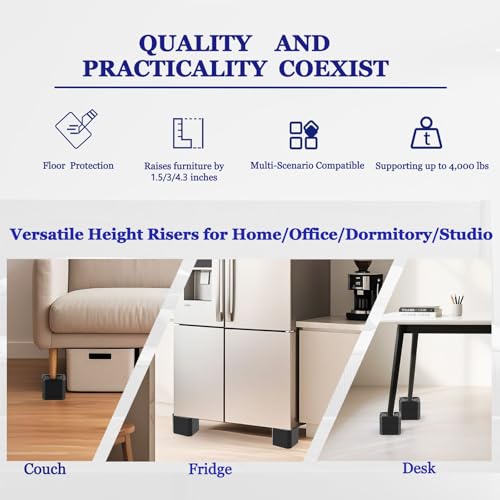 Black Bed Risers Heavy Duty 4 Pack - Adjustable Furniture Lifts 1.5-4.3 Inches