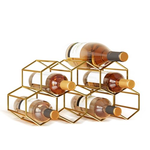 9-Bottle Gold Countertop Wine Rack - Modern Metal Geometric Wine Storage