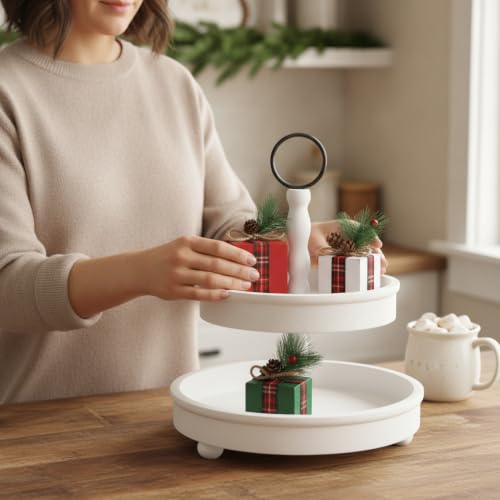 Christmas Wooden Gift Box Decor Set of 3 Holiday Tiered Tray Decorations