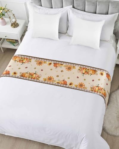 Fall Pumpkin Bed Runner Scarf for King Bed, Satin Bedding Throw (102x20 In)