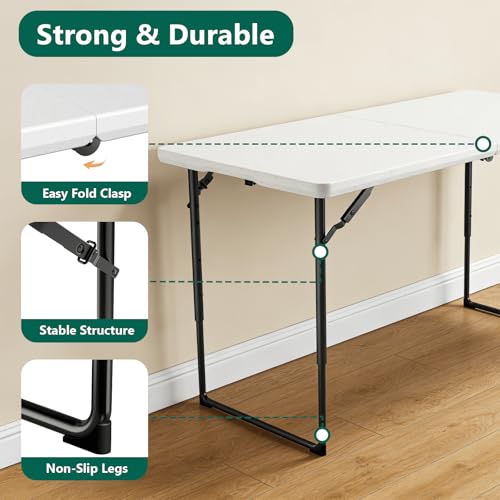 4ft Adjustable Height Folding Table, Heavy Duty Portable Plastic Table