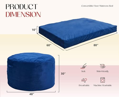 3-in-1 Queen Size Convertible Bean Bag Chair and Floor Bed - Blue Velvet