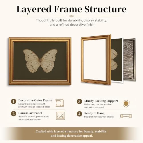 Vintage Butterfly Wall Art Gold Framed Canvas Print 8x10 Inch Moody Insect Artwork for Bedroom