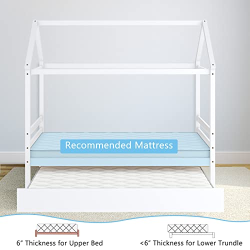Twin Size House Bed with Trundle, Solid Wood Kids Platform Bed Frame