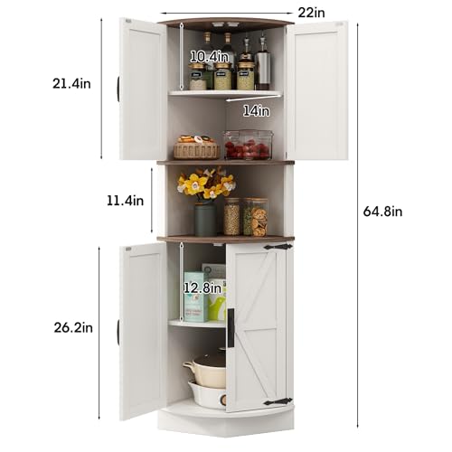 Tall Farmhouse Corner Cabinet with Barn Doors and 5 Storage Shelves, White