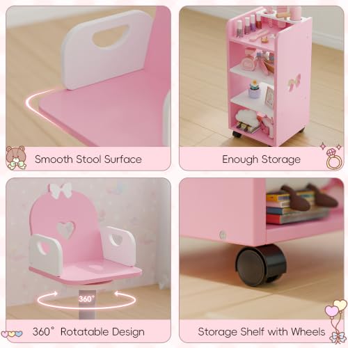 Kids Wooden Vanity Set with Lighted Mirror, Barber Chair & Salon Accessories