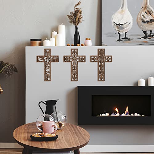 3 Pcs Wooden Cross Wall Decor, 12-Inch Hand-Carved Antique Hanging Cross