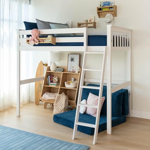 Twin High Loft Bed Frame, Solid Wood Kids Bed with Ladder, White