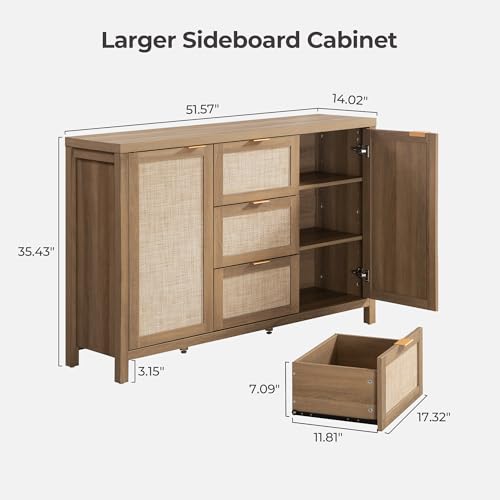 52-Inch Rattan Sideboard Buffet Cabinet with 3 Drawers, Boho Credenza