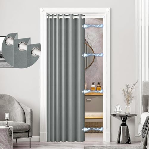 100% Blackout Magnetic Door Curtain Panel for Closet & Hallway, Gray - 45x80