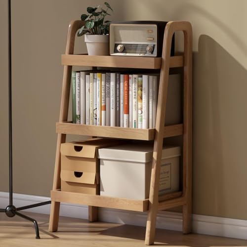 3-Tier Solid Oak Ladder Shelf, Small Wooden Bookshelf for Living Room