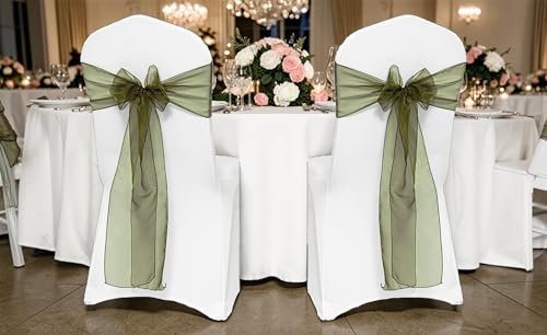 Olive Green Sheer Organza Chair Sashes - Pack of 25 Wedding Chair Bows