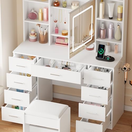 BEWISHOME Lighted Vanity Desk with Jewelry Storage & Power Outlet