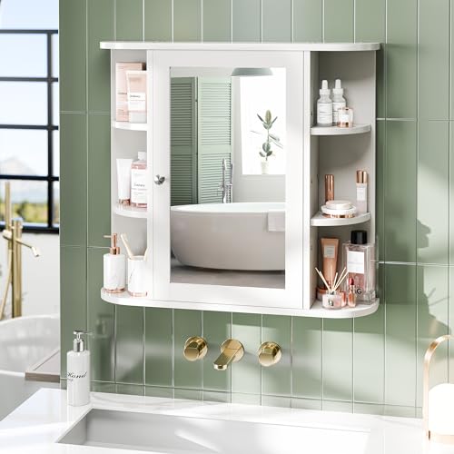 White Wall-Mounted Bathroom Medicine Cabinet with Mirror & 6 Shelves
