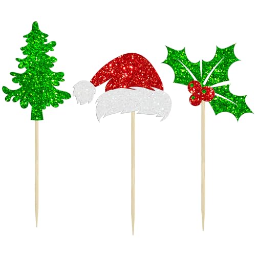 Ephlyn 24Pcs Christmas Santa Hat Cupcake Toppers Multicolor Glitter Holly Leaves Berries – Party Picks
