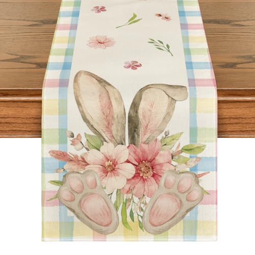 Artoid Mode 13x108 Inch Pink Blue Buffalo Plaid Bunny Ear Foot Flower Easter Table Runner