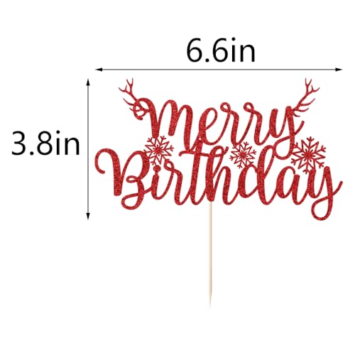 Red Merry Birthday Cake Topper Glitter Decor - AROKIPPRY Xmas Theme