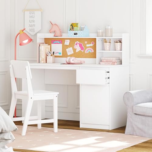 Kids Study Desk and Chair Set with Hutch, Storage, and Bulletin Board