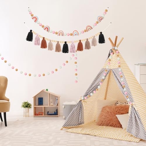 4-Piece Boho Felt Garland Set, Rainbow and Tassel Wall Decor for Nursery